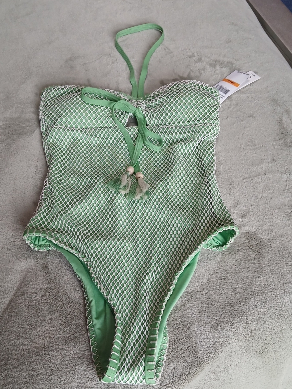 Ladies Green One-Piece Swim Suit with Mesh Overlay